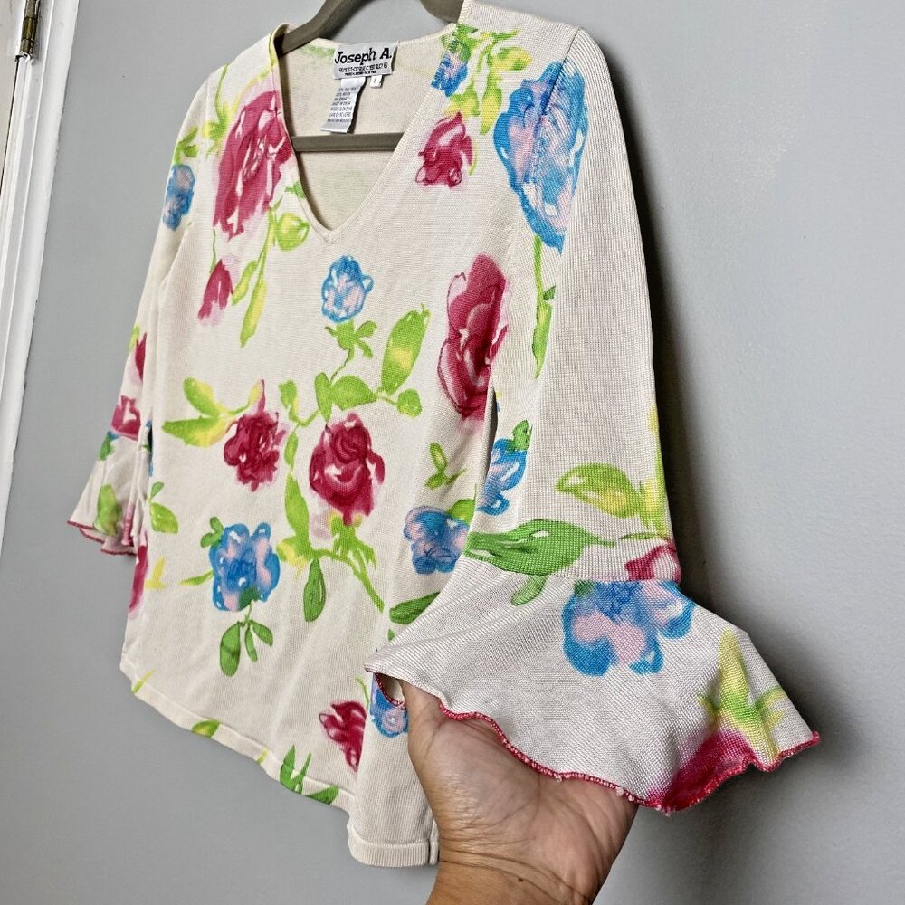Vintage Joseph A. Floral Silk Blend V-Neck Bell Sleeve Knit Top - Size S